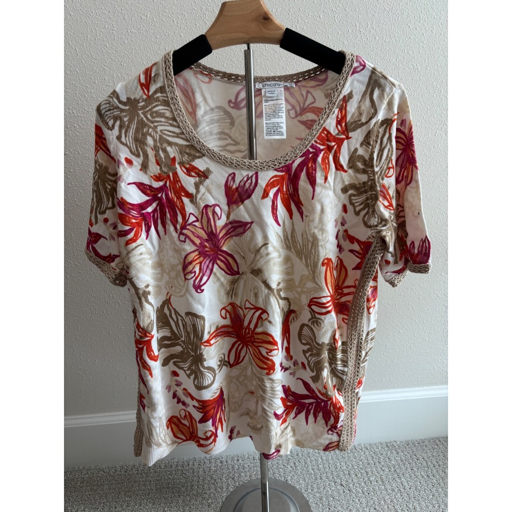Chico's Tropical Floral Sweater Women 1 M White Orange Crochet Trim Boho Resort‎